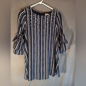 Knit Works Navy Striped Ruffle Sleeve Top With Pearl Bead Neck Trim